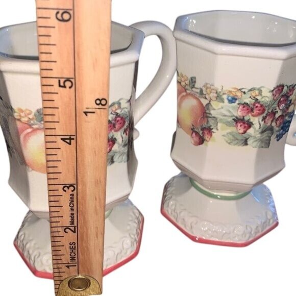 Avon Sweet Country Harvest Pedestal Mugs Set Of 4 Hexagonal Design Fruit & Flora - Picture 8 of 8